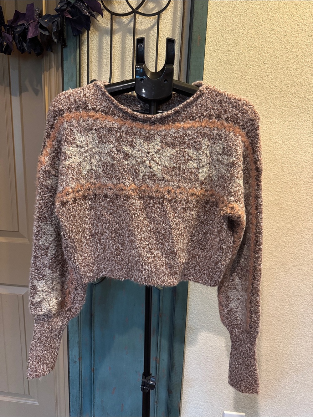 Free People Brown & Cream Fuzzy Cropped Crewneck Sweater